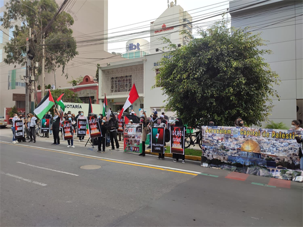 الجالية الفلسطينية والشعب البيروفي يتظاهرون ضــد المجـــازر الاســرائيلية بحق شعبنا الفلسطيني
