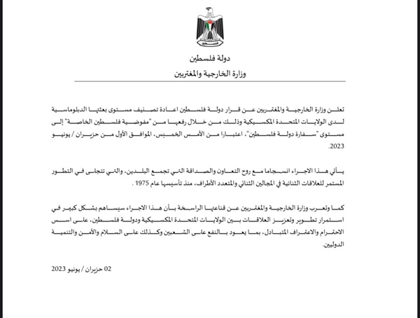 دولة فلسطين تعلن اعادة تصنيف مستوى بعثتها الدبلوماسية لدى الولايات المتحدة المكسيكية